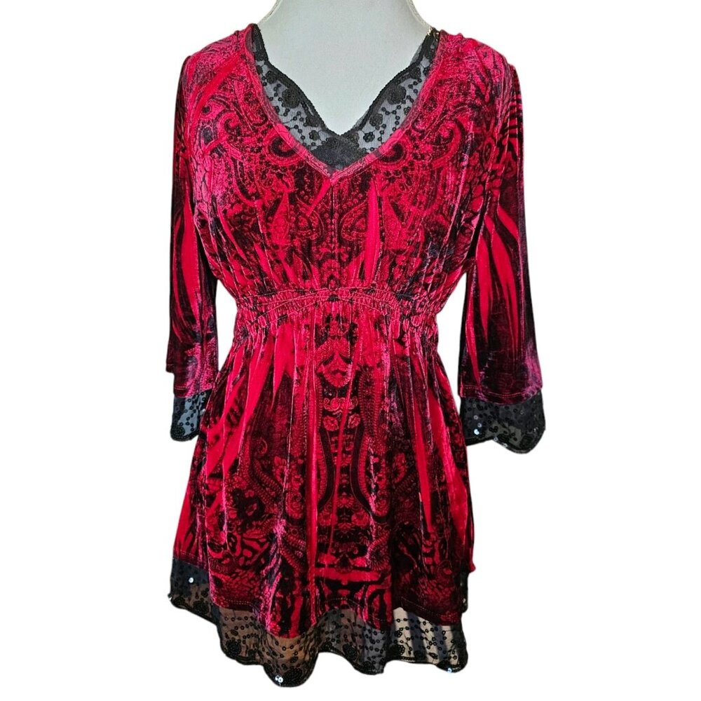 Y2K Red Baby Top Shirt Velvet Black Lace Paisley Whimsigoth Size M Medium Goth